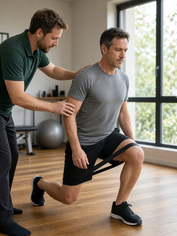 A physiotherapist guiding a patient through a squat with a resistance band above the knees, a bright clinic behind