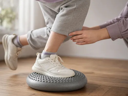 A person balancing on one leg on a cushion, a physiotherapist’s hand steadying near the knee