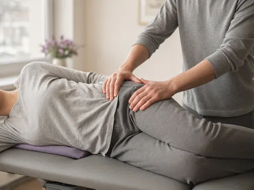 A patient lying on a plinth while a physiotherapist guides a gentle hip rotation