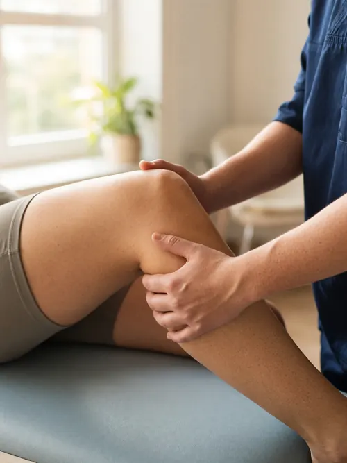 A physiotherapist’s hands holding a patient’s knee on a treatment plinth, window light behind