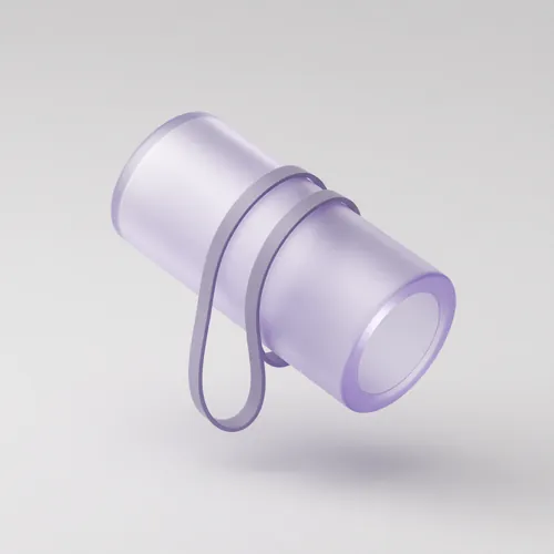 A frosted violet foam roller with a resistance band looped around it