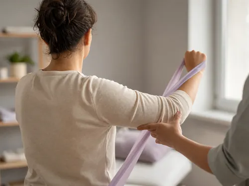 A patient from behind raising an arm against a light resistance band in a bright clinic