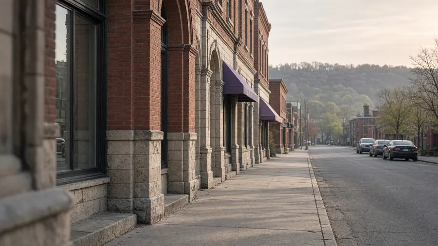 A quiet downtown Hamilton street in the morning: brick and limestone storefronts and the escarpment tree line beyond